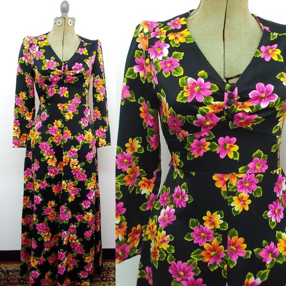 Vintage 60s/70s Black Floral Evening Gown Long Sleeve Maxi Dress - Picture 1 of 7